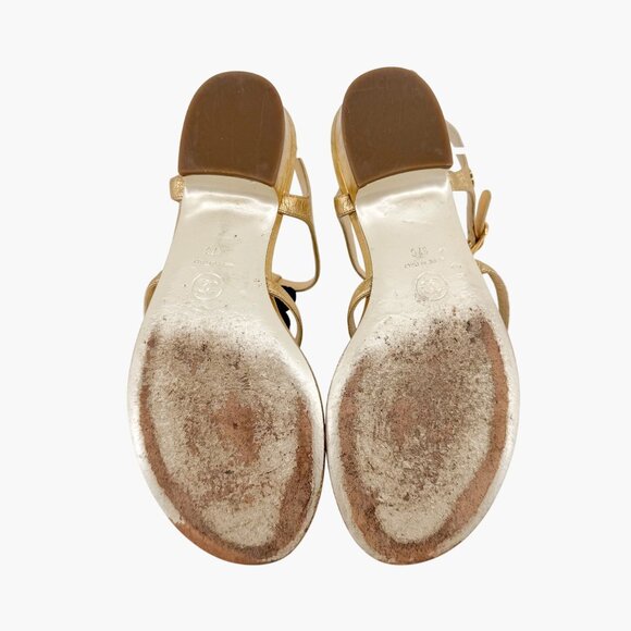 Chanel Camellia Pearl T-Strap Sandals Gold Leather Size 37C US 6–6.5 Women Flat - Picture 14 of 15